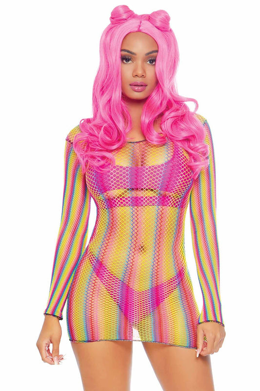 Rainbow Fishnet Long Sleeved Mini Dress